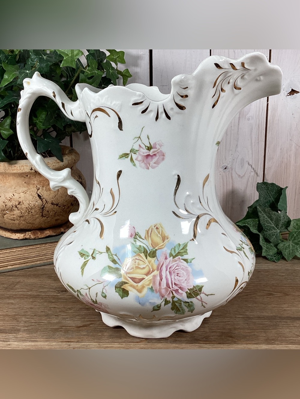 Antique WC Co Semi Porcelain 11” Pitcher Pink & Yellow Roses Gold Leafing Emboss